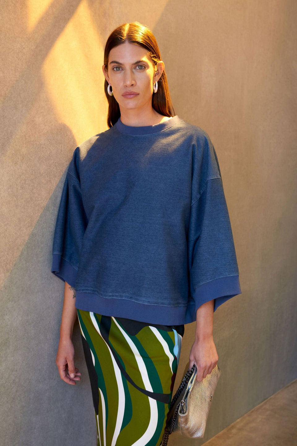 Enfeld 3/4 Sleeve French Terry Jersey Sweater | MID BLUE WASH