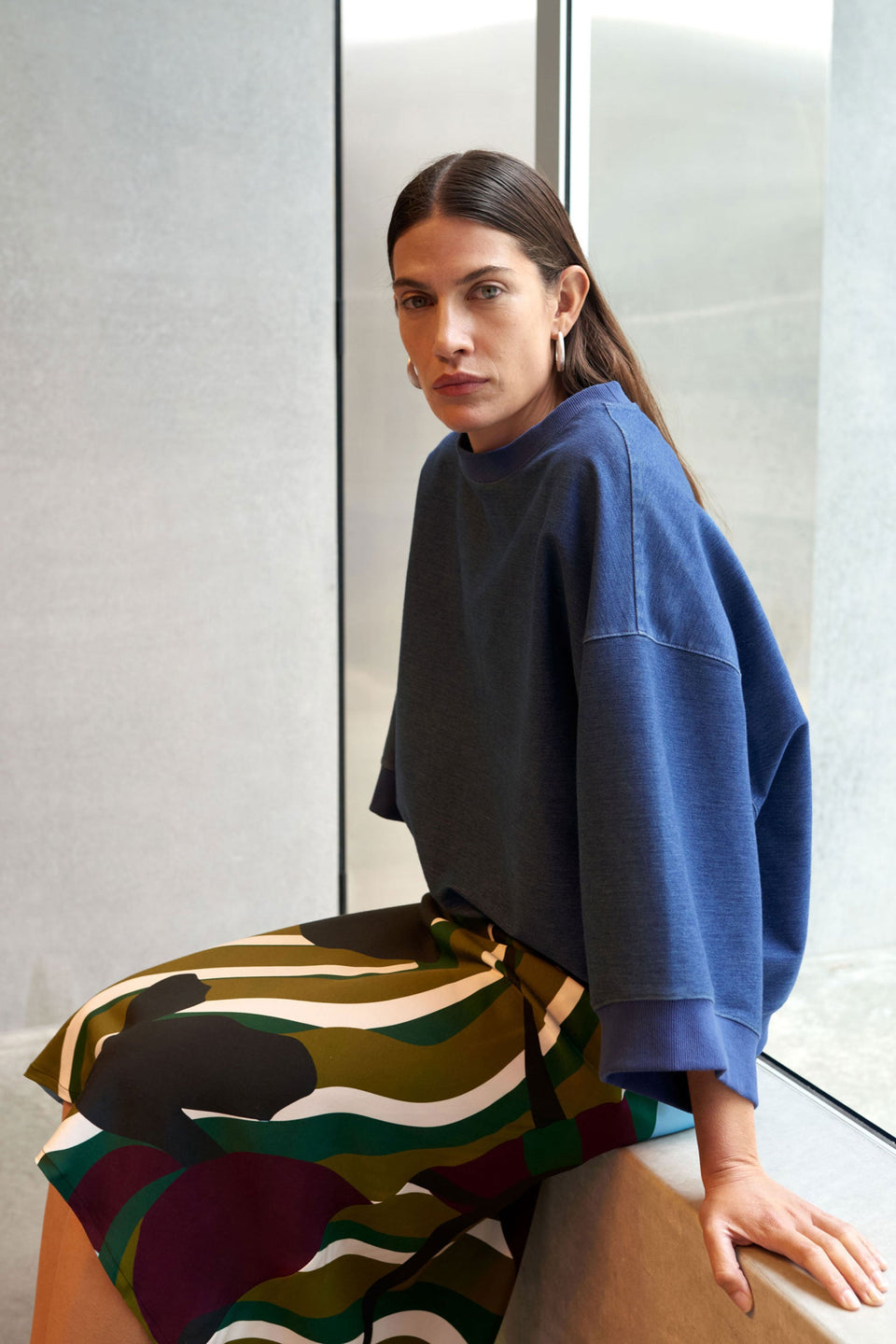Enfeld 3/4 Sleeve French Terry Jersey Sweater | MID BLUE WASH