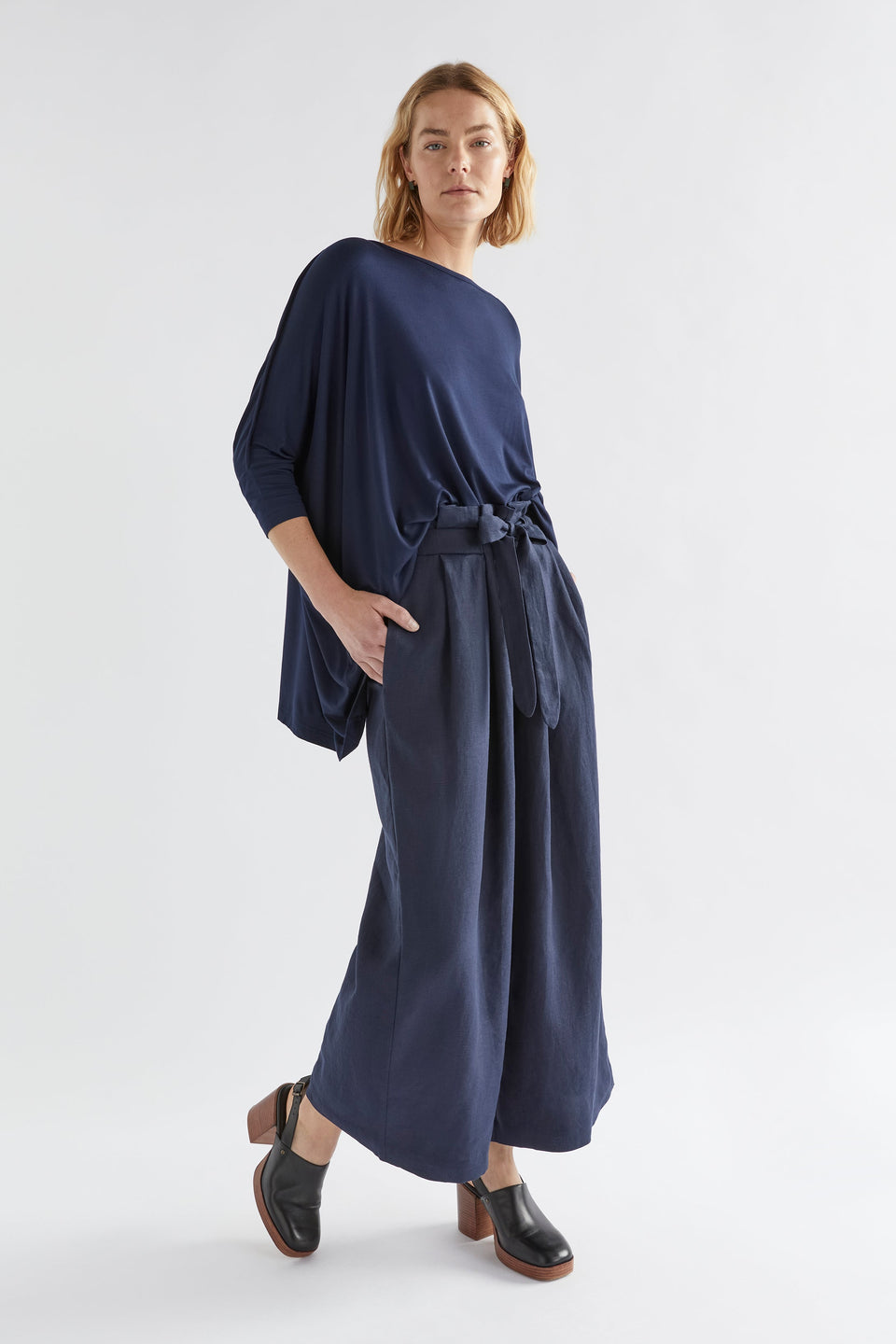 Wide Stretch Classic Jersey Top Model Front Angled Jess full Body | Navy