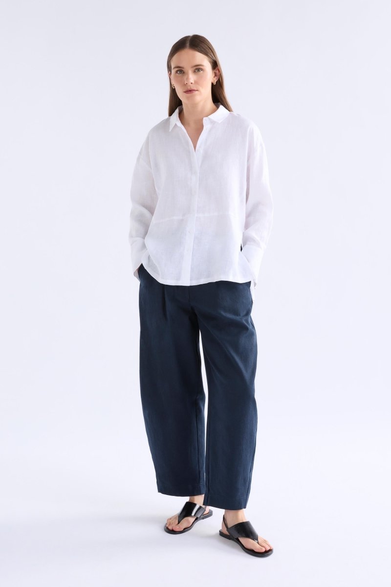 Stilla Linen Shirt with High-Low Hem and Back Pleat Detail Model Front | WHITE