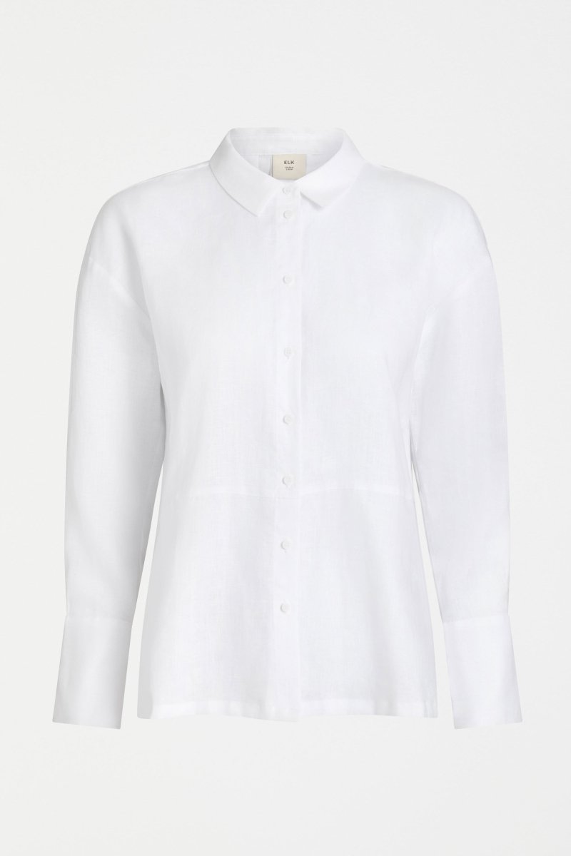 Stilla Linen Shirt with High-Low Hem and Back Pleat Detail Model Front | WHITE