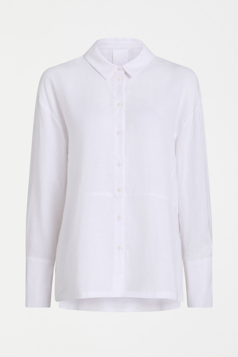 Stilla Linen Shirt with High-Low Hem and Back Pleat Detail Model Front | WHITE