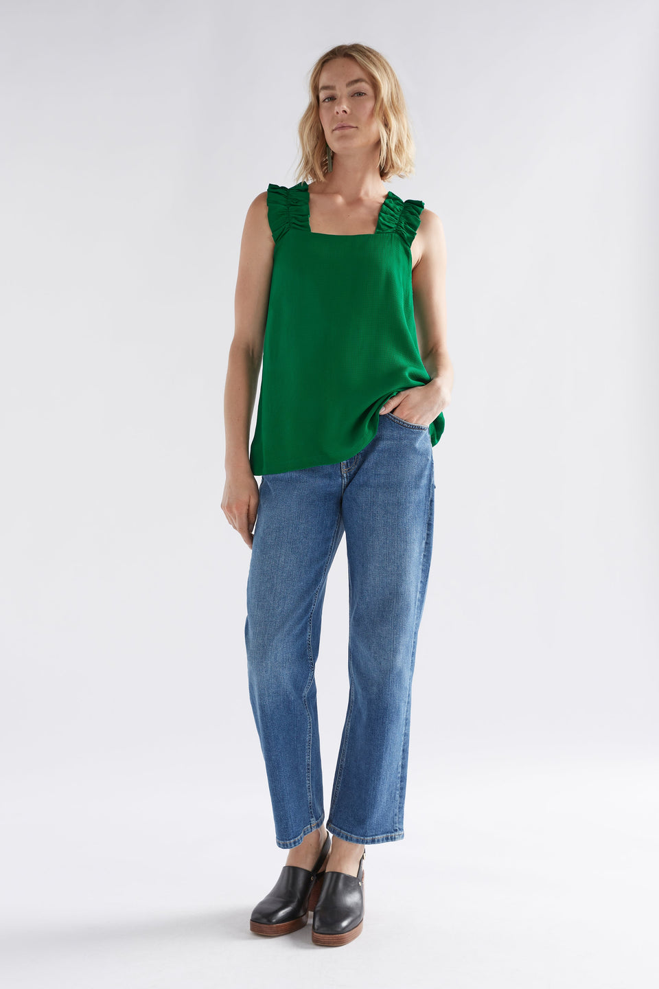 Parq Ruffle Strap Tank Model Front Full Body | JEWEL GREEN