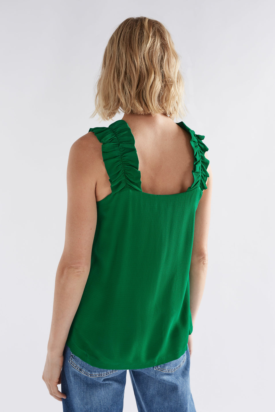 Parq Ruffle Strap Tank Model back detail | JEWEL GREEN