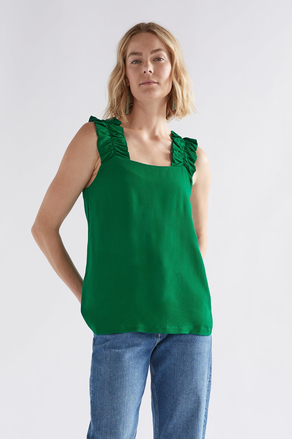 Parq Ruffle Strap Tank Model Front | JEWEL GREEN