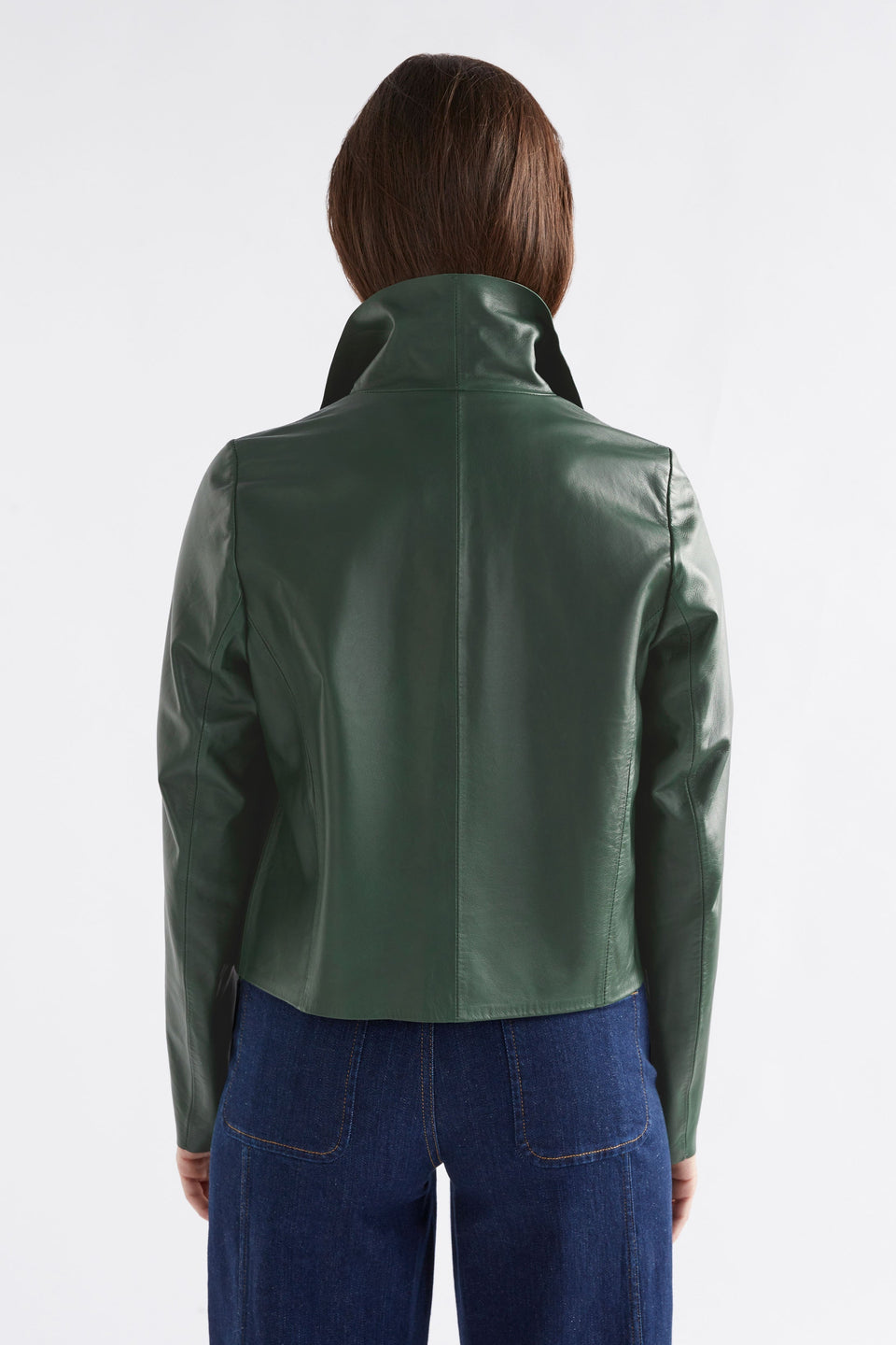 Fine Lamb's Leather Lightweight Waterfall Neckline Jacket Model Back 2 | MILAN GREEN