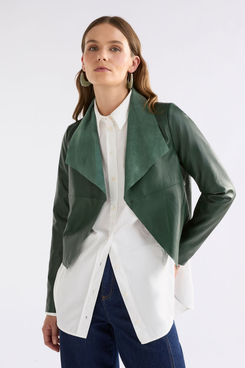Fine Lamb's Leather Lightweight Waterfall Neckline Jacket Model Front | MILAN GREEN