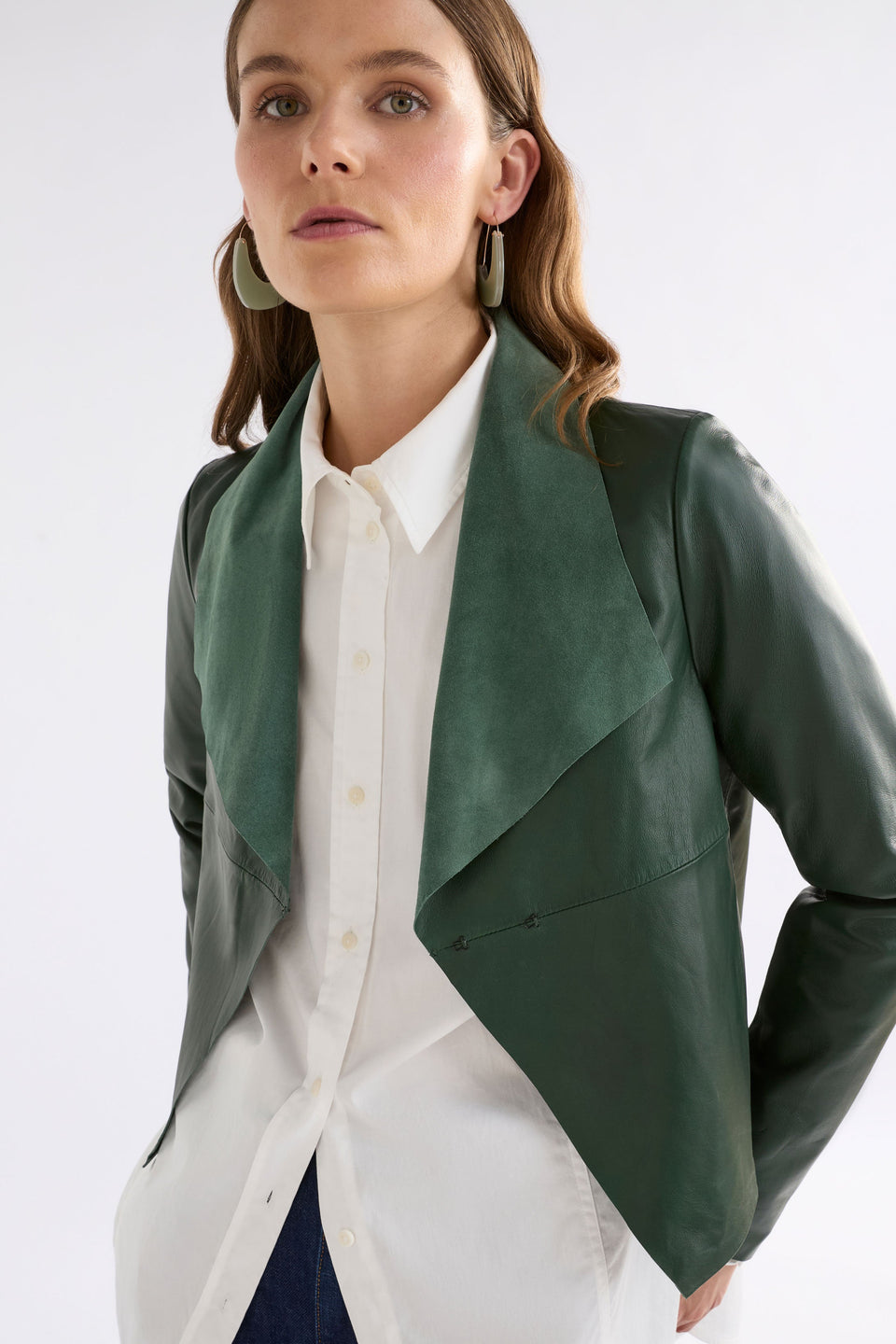Fine Lamb's Leather Lightweight Waterfall Neckline Jacket Model Front close up | MILAN GREEN