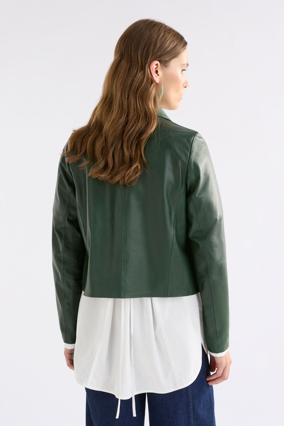 Fine Lamb's Leather Lightweight Waterfall Neckline Jacket Model Back | MILAN GREEN