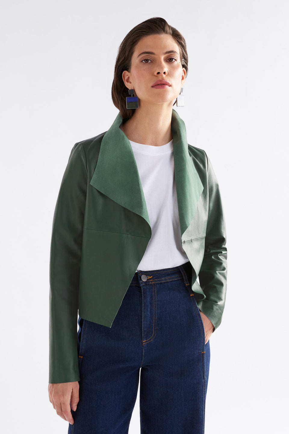 Fine Lamb's Leather Lightweight Waterfall Neckline Jacket Model Front | MILAN GREEN