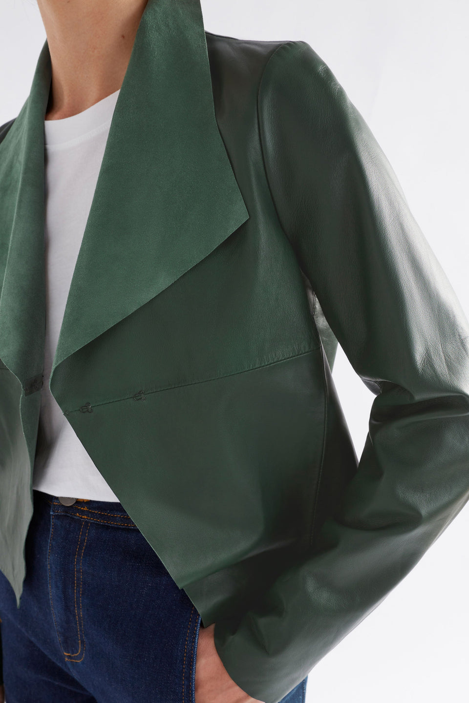 Fine Lamb's Leather Lightweight Waterfall Neckline Jacket detail | MILAN GREEN