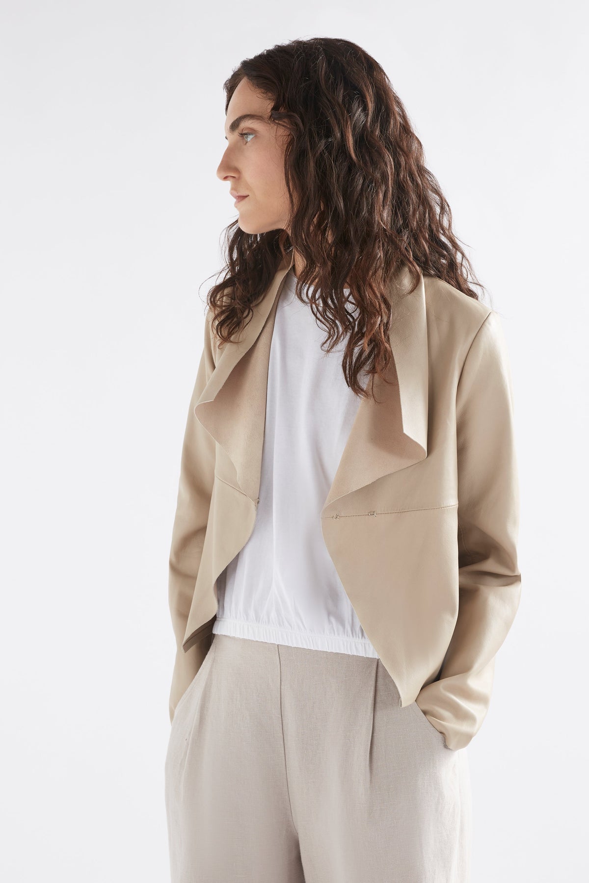 Fine Leather Lightweight Jacket Model Angled Front | STONE