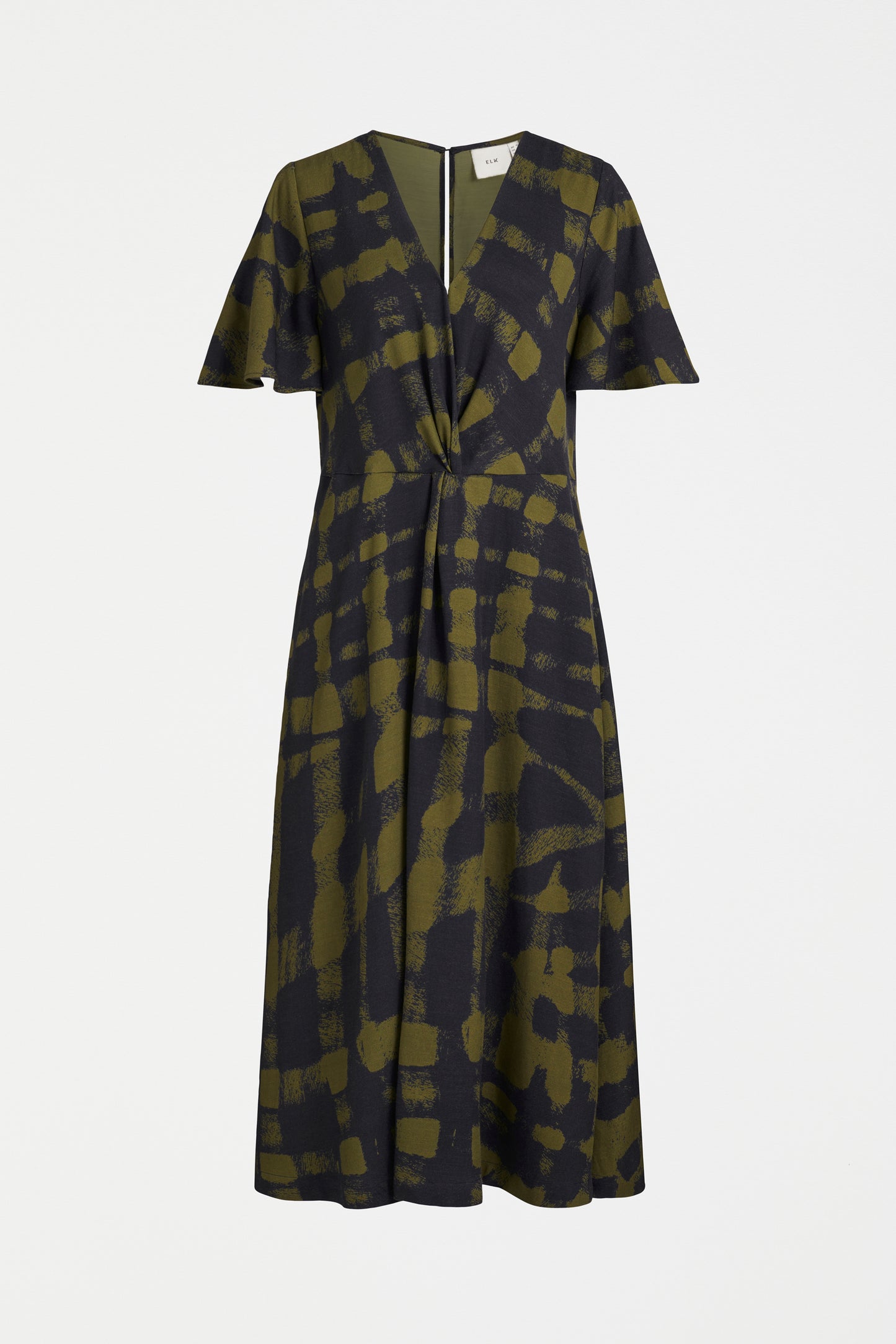 Fletta Midi Flutter Short Sleeve Twill Print Dress Front | OLIVE WARP CHECK PRINT 