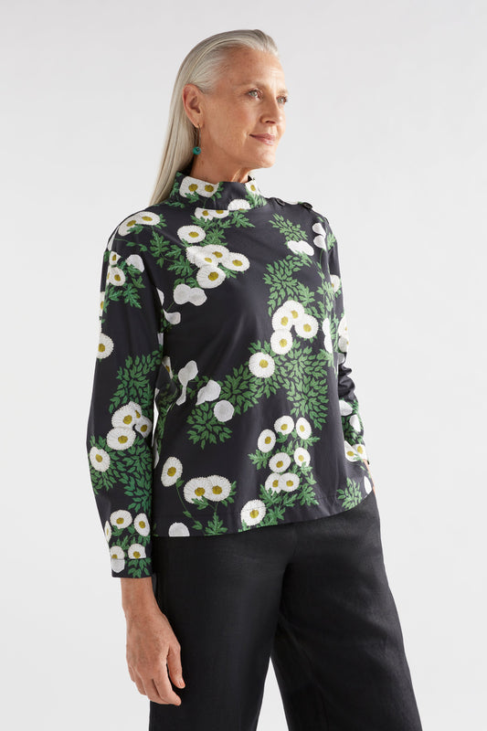 Blaec Cotton Print Turtle Neck Button Detail Top Model side | FIELD PRINT