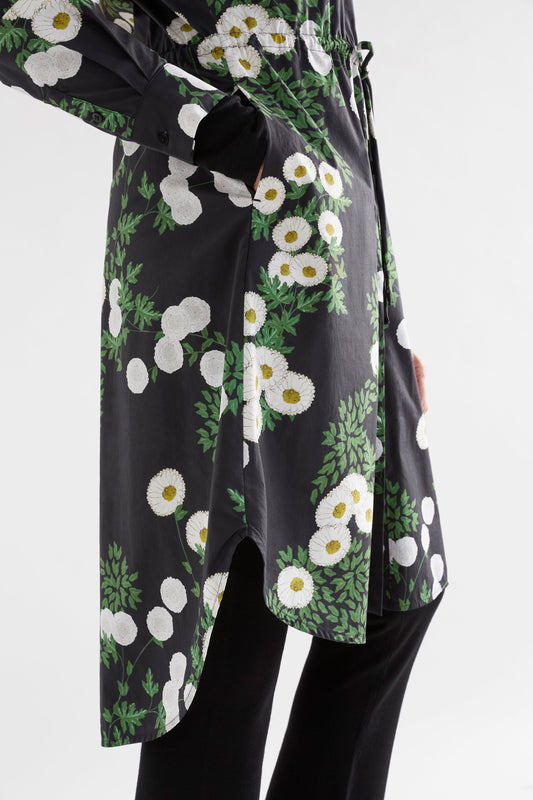 Blaec Long Sleeve Print Drawstring Waist Shirt Dress Model Side Hem Detail  | FIELD PRINT