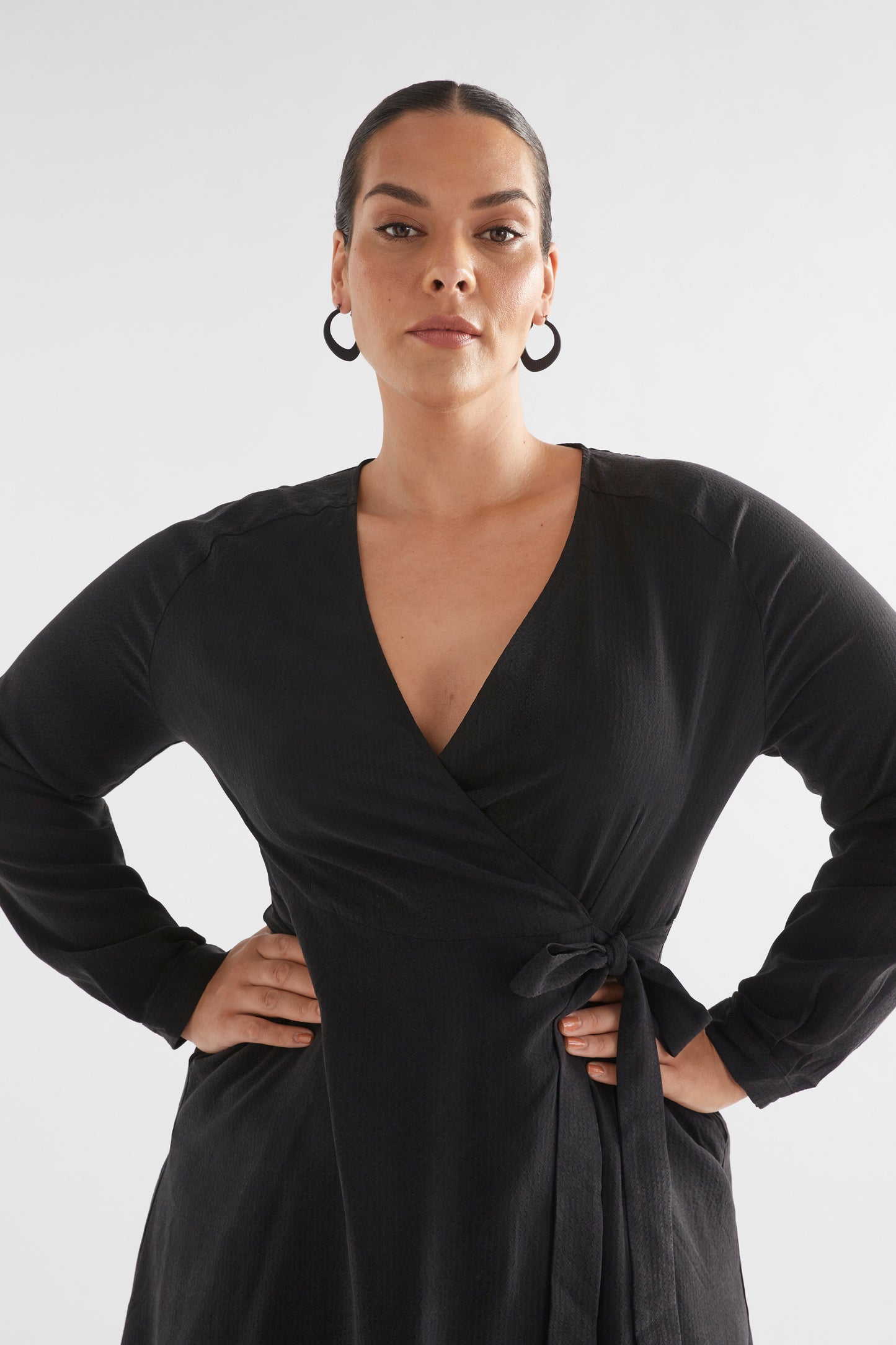 Edita Long Sleeve Midi Wrap Dress Model Front Curve crop  | BLACK