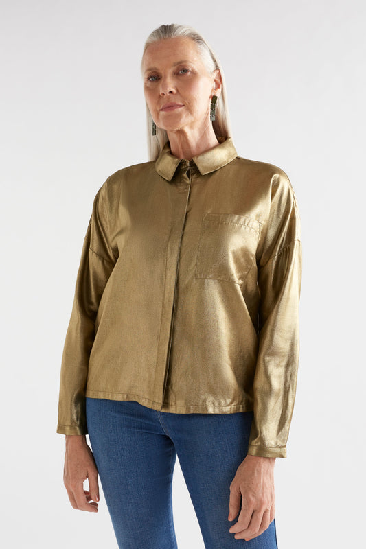 Luche Dropped Shoulder Metallic Blue Shirt Model Front | GOLD METALLIC
