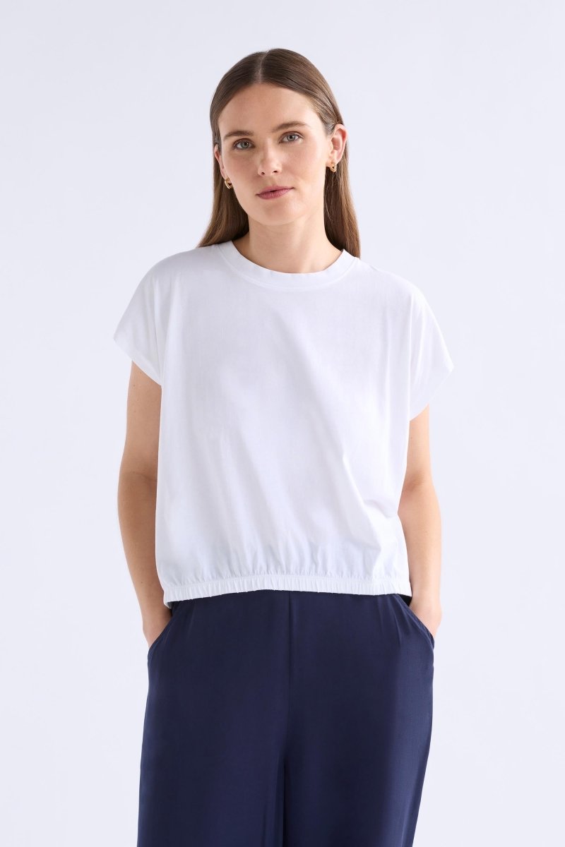 Kruis Organic Cotton Jersey Cropped Elastic Hem Semi Cropped Tee Model Front | WHITE
