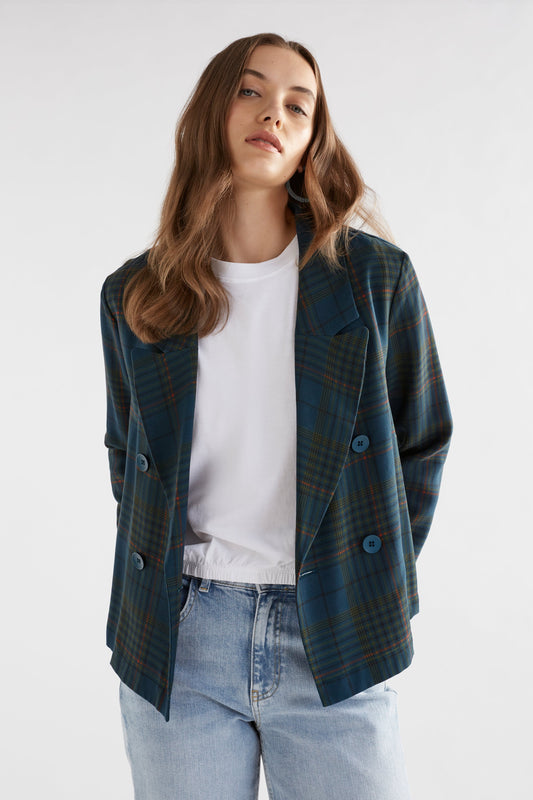 Seine Double Breasted Cropped Plaid Jacket Model Front Undone | TEAL PLAID