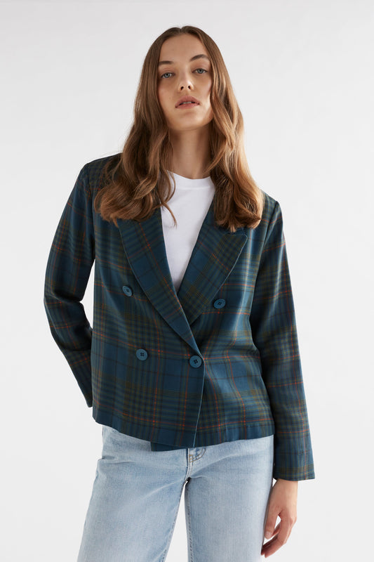Seine Double Breasted Cropped Plaid Jacket Model Front Done up | TEAL PLAID