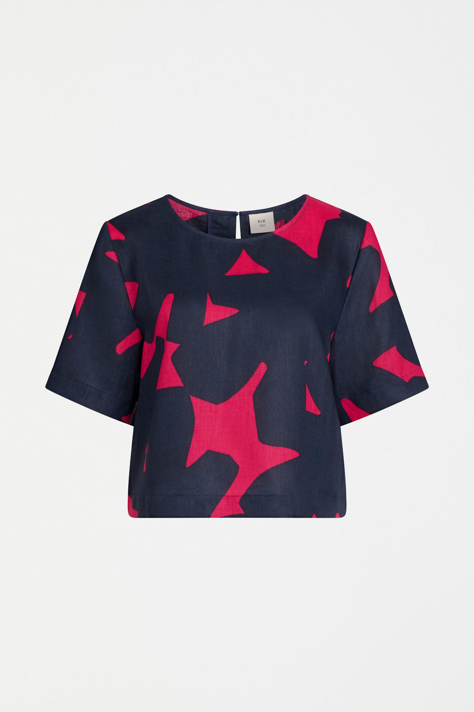 Honnor Linen Cropped Pleat Back Feature Top Front | NAVY TERA PRINT