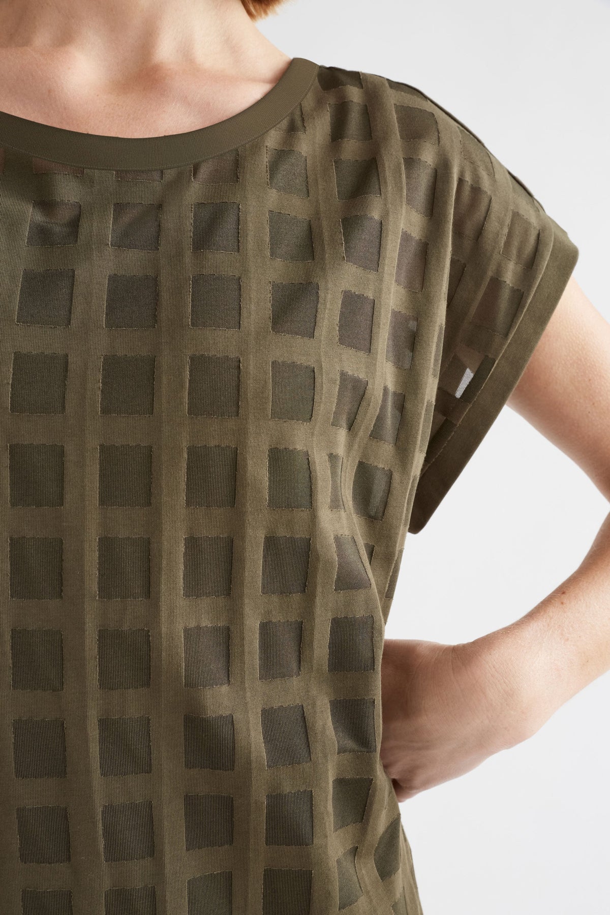 Grid Burnout Organic Cotton Blend Tshirt Dress Model Front detail | OLIVE MOSS