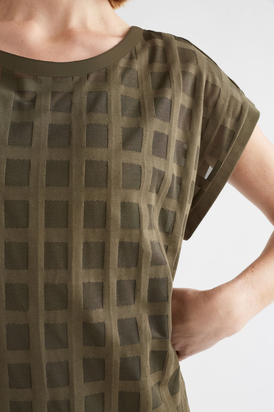 Grid Burnout Organic Cotton Blend Tshirt Dress Model Front detail | OLIVE MOSS