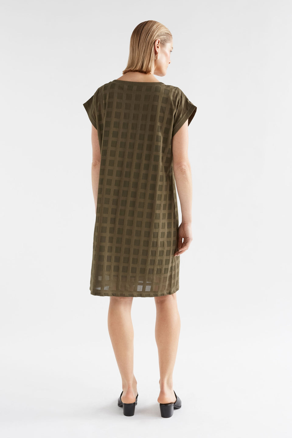 Grid Burnout Organic Cotton Blend Tshirt Dress Model Back | OLIVE MOSS