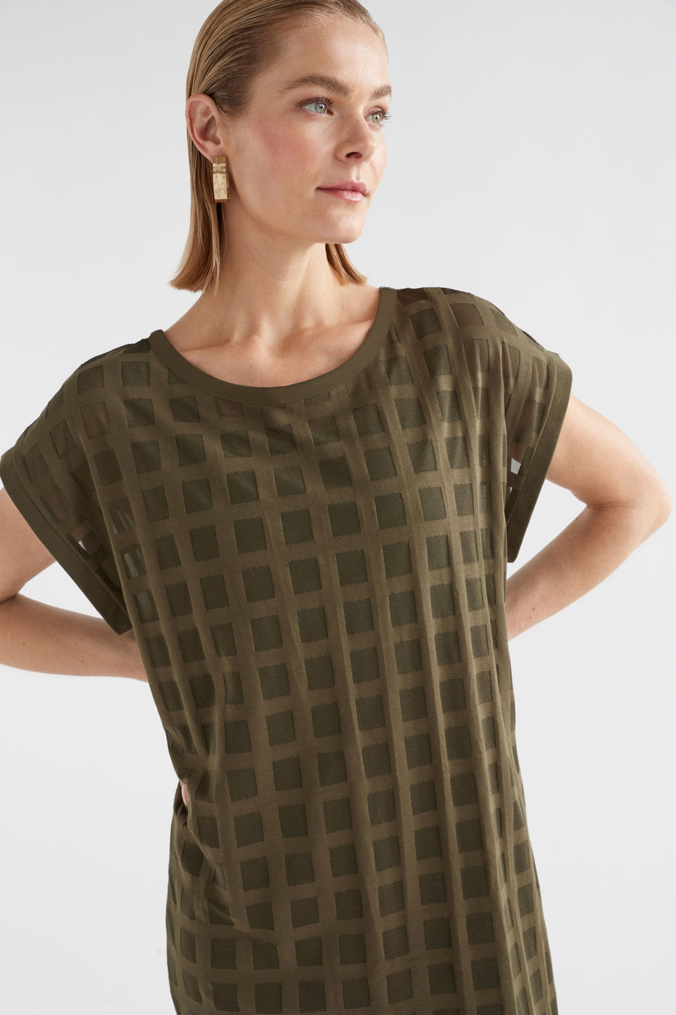 Grid Burnout Organic Cotton Blend Tshirt Dress Model Front detail 2 | OLIVE MOSS