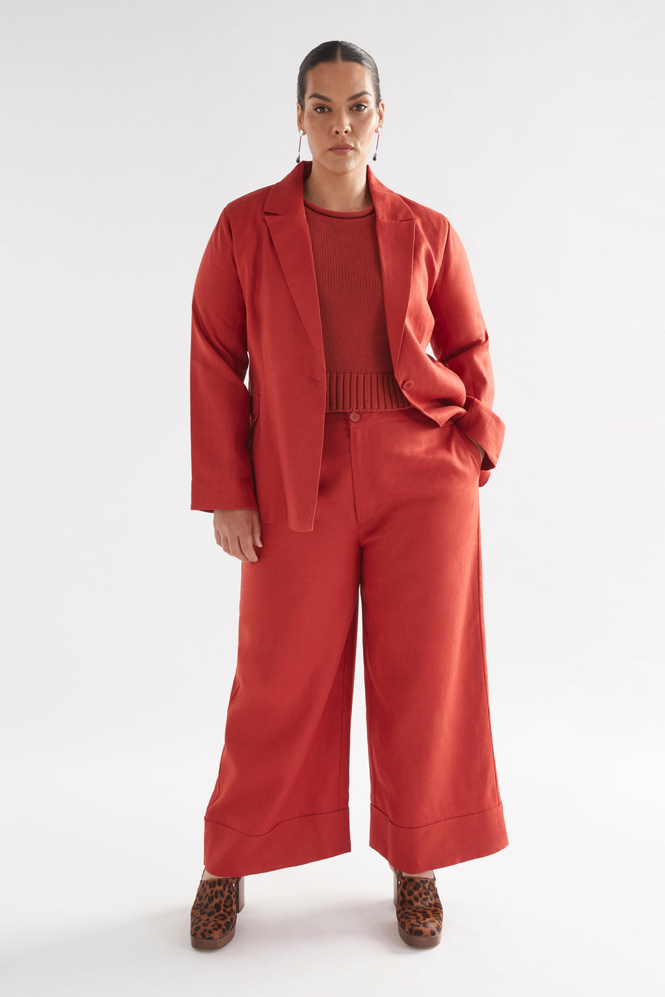 Ilona Linen Single Button Blazer Model Front Full Body CURVE | SANGRIA