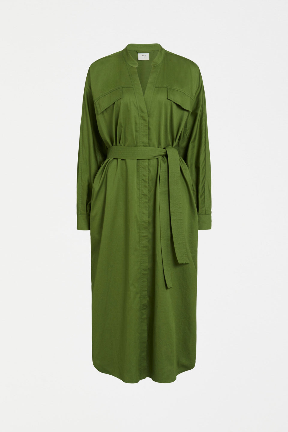 Eller Organic Cotton Midi Shirt Dress with Mandarin Collar Chest Pockets Front waist tie | GREEN MOSS