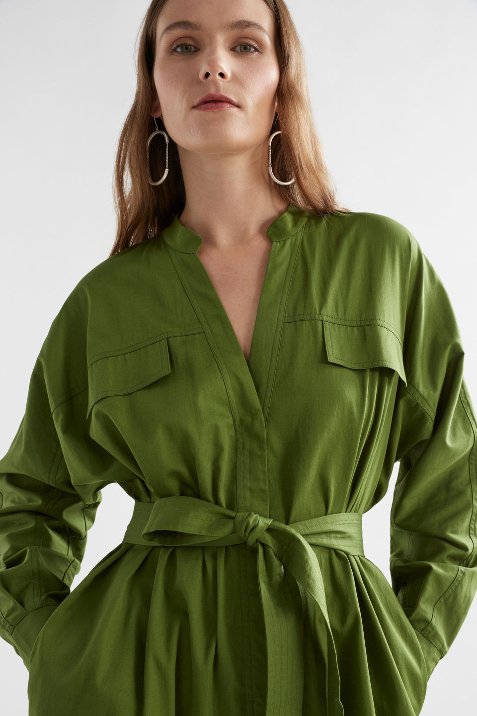 Eller Organic Cotton Midi Shirt Dress with Mandarin Collar Chest Pockets Front Model waist tie detail | GREEN MOSS