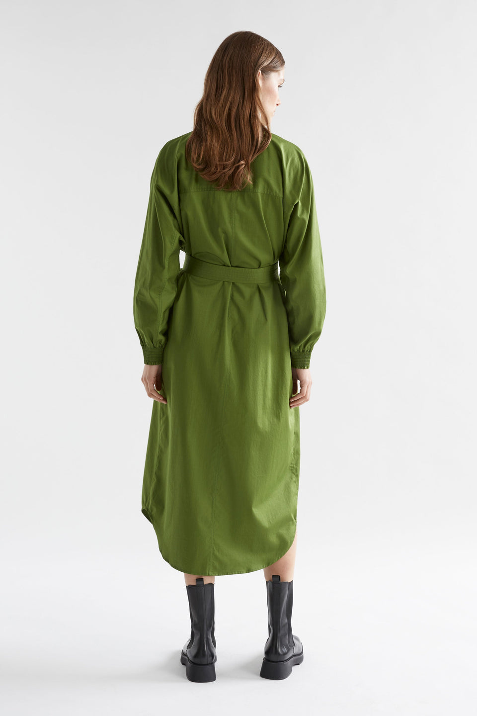Eller Organic Cotton Midi Shirt Dress with Mandarin Collar Chest Pockets back Model waist tie | GREEN MOSS