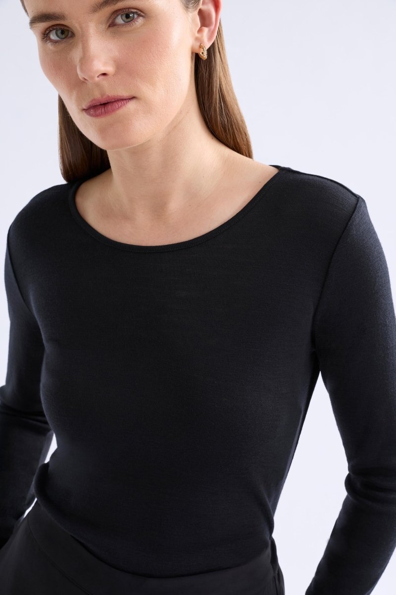 Merino Wool Long Sleeve Skin Top Model Bella Front | BLACK