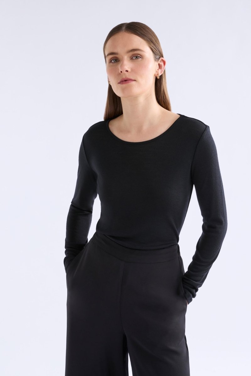 Merino Wool Long Sleeve Skin Top Model Bella Front | BLACK