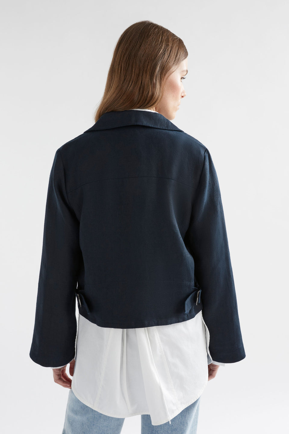 Njord Hemp Herringbone Relaxed Button Up Jacket Model back | INK