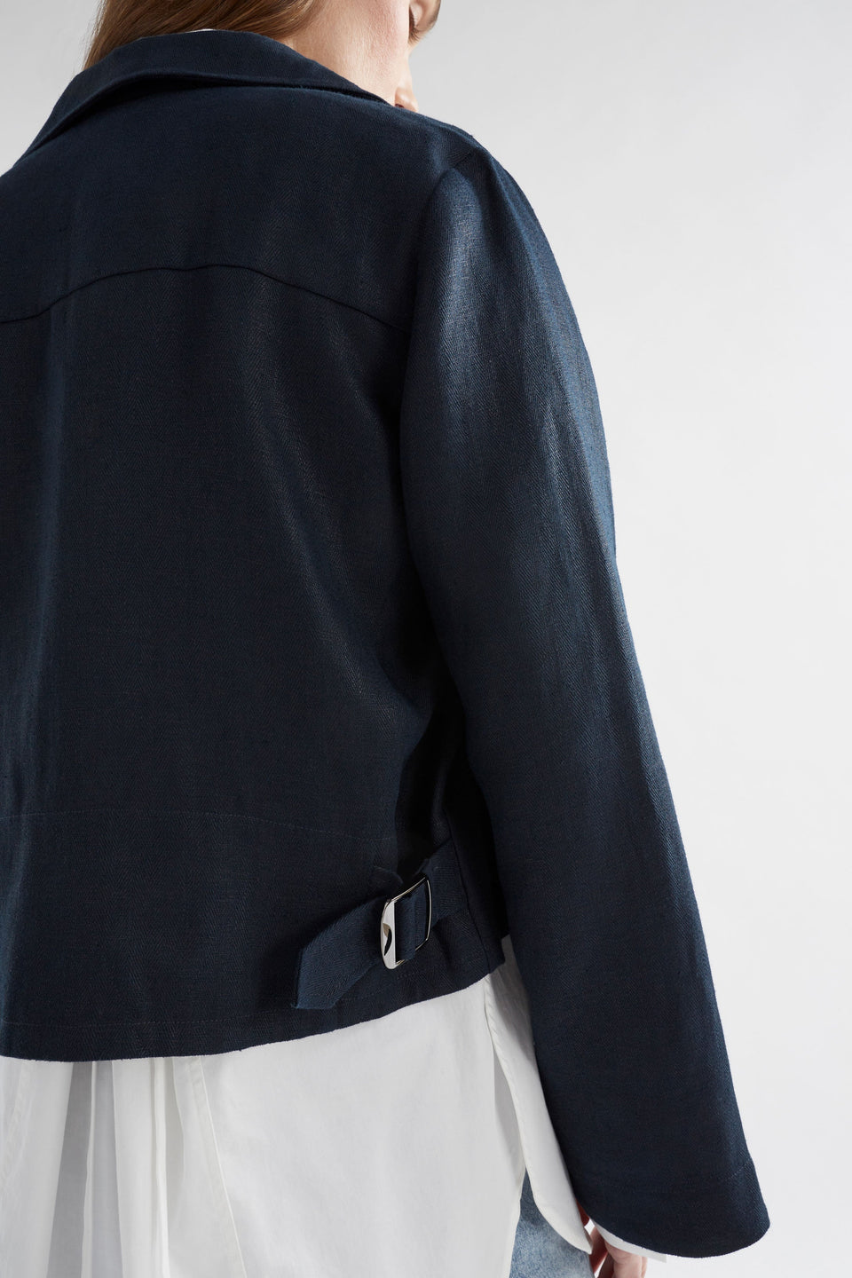 Njord Hemp Herringbone Relaxed Button Up Jacket Model Back Detail | INK