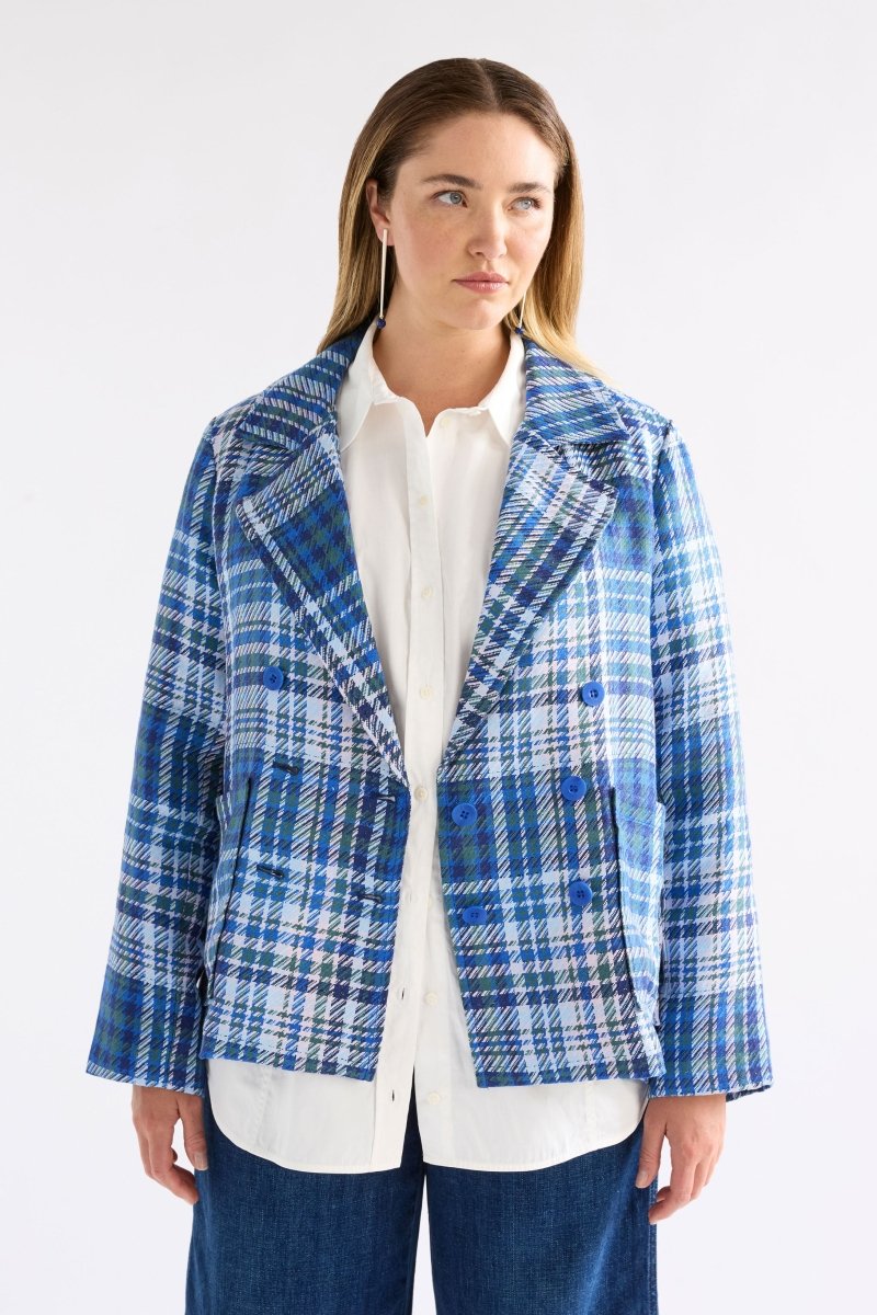 Ranie Double Breasted Woven Linen Check Blazer Jacket Model Chanel Front | BLUE MULTI CHECK