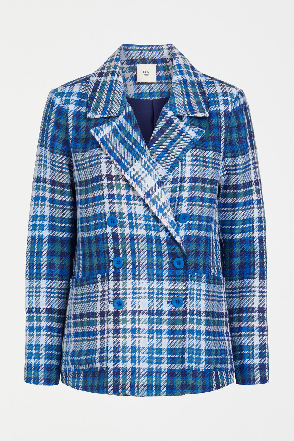 Ranie Double Breasted Woven Linen Check Blazer Jacket Front | BLUE MULTI CHECK