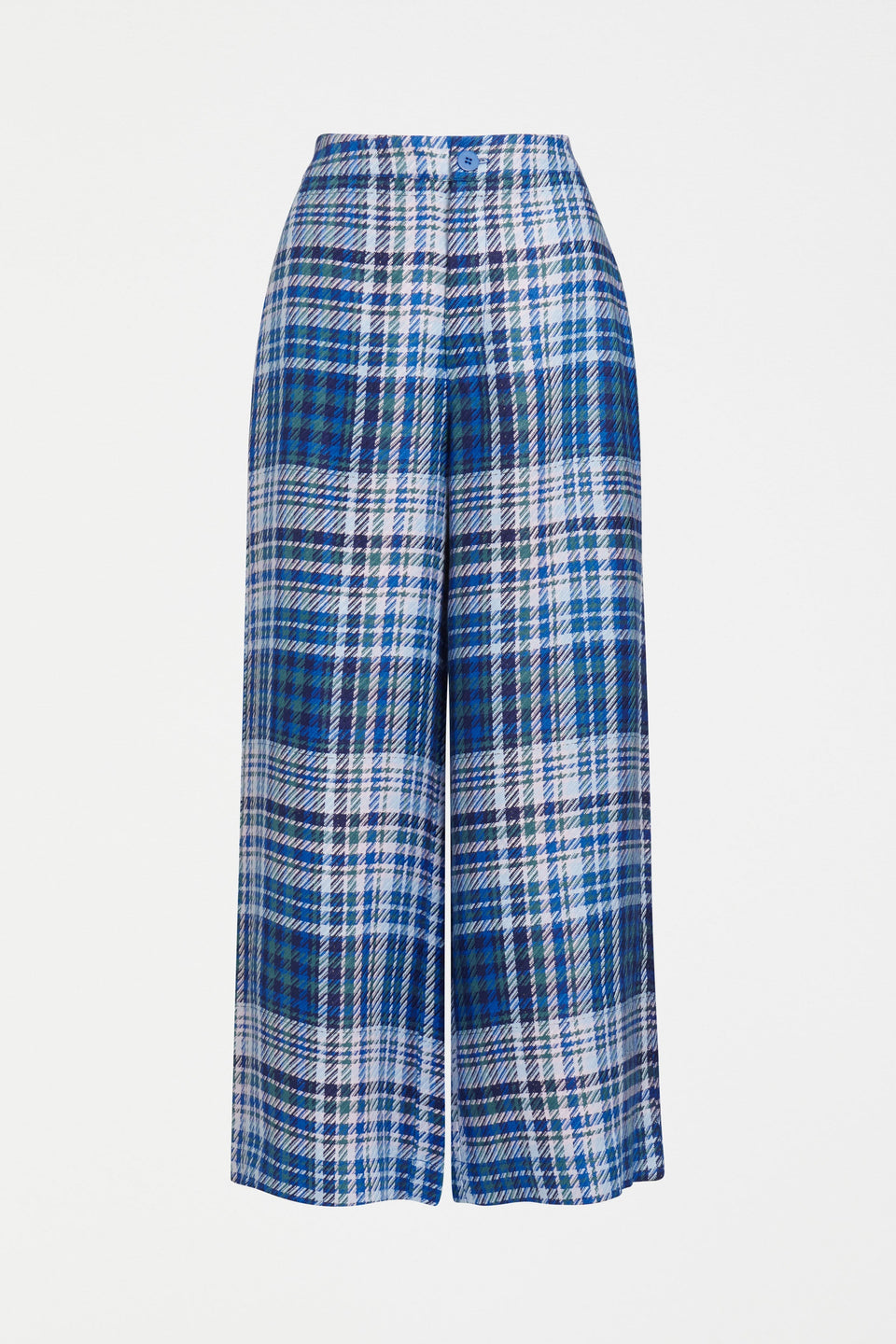 Ranie Wide Leg Woven Linen Check High Waisted Pant Front | BLUE MULTI CHECK