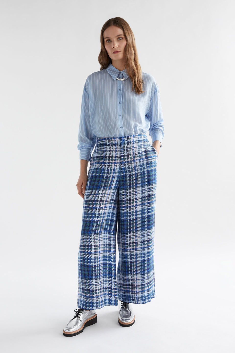 Ranie Wide Leg Woven Linen Check High Waisted Pant Model Front | BLUE MULTI CHECK
