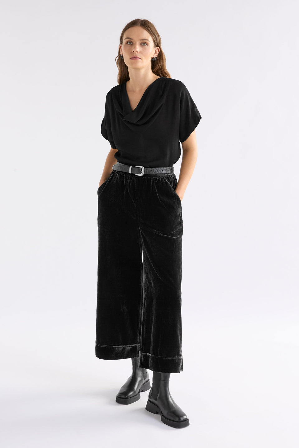 Pemma Textured Viscose Cowl Neck Short Sleeve Top Model front full Body | BLACK