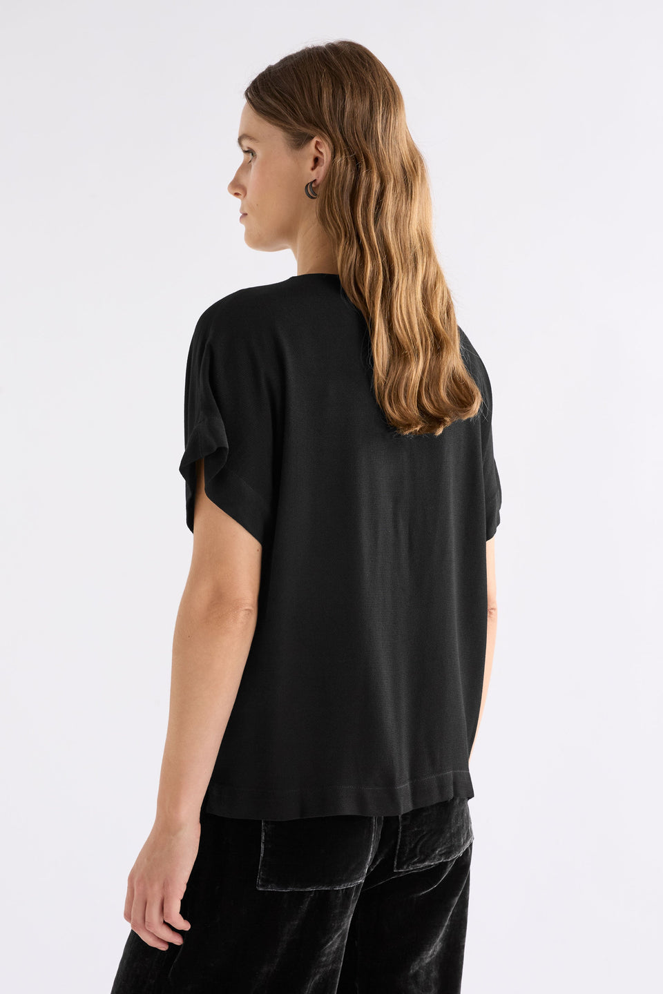 Pemma Textured Viscose Cowl Neck Short Sleeve Top Model Back | BLACK