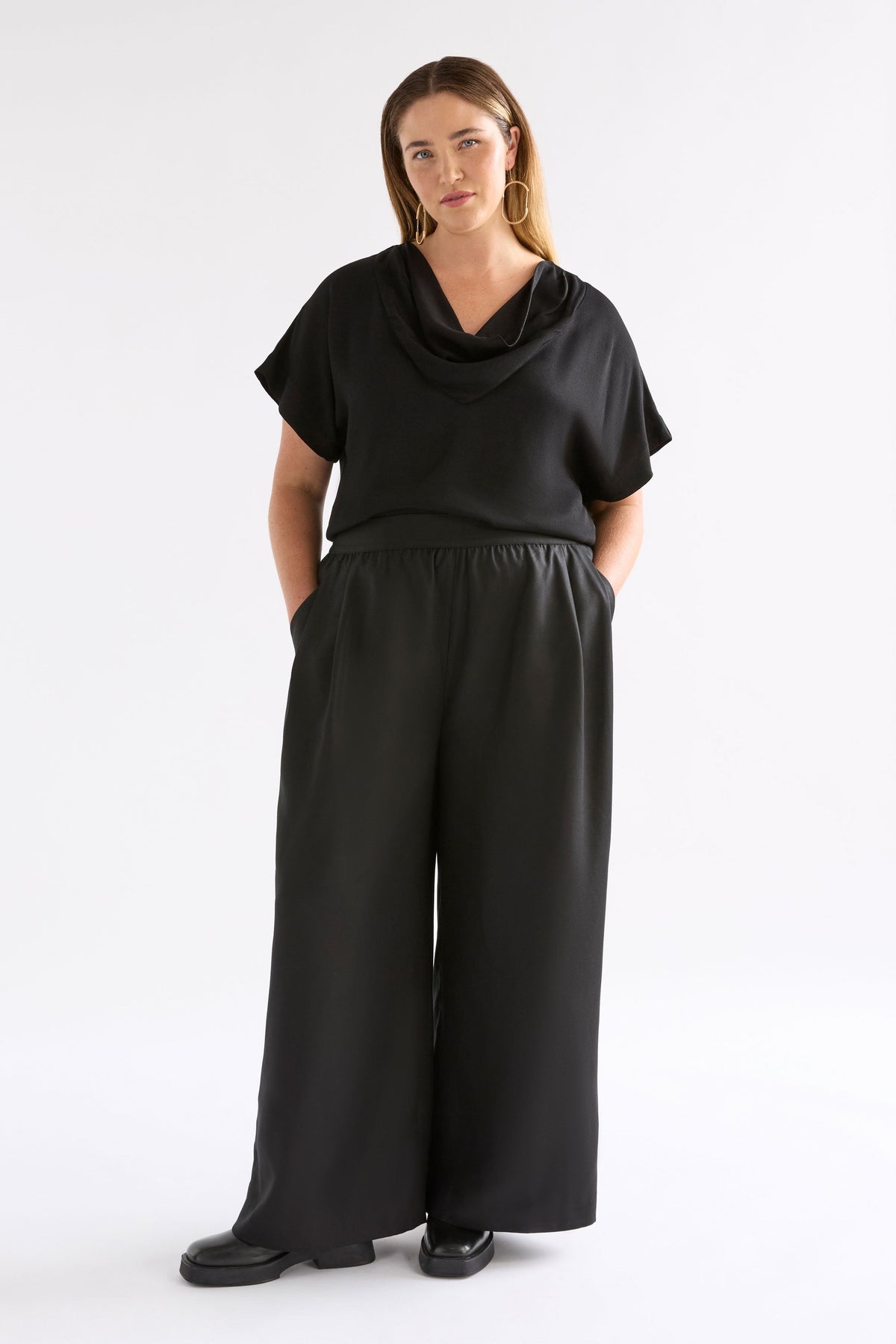 Pemma Textured Viscose Cowl Neck Short Sleeve Top Model Chanel front full Body | BLACK
