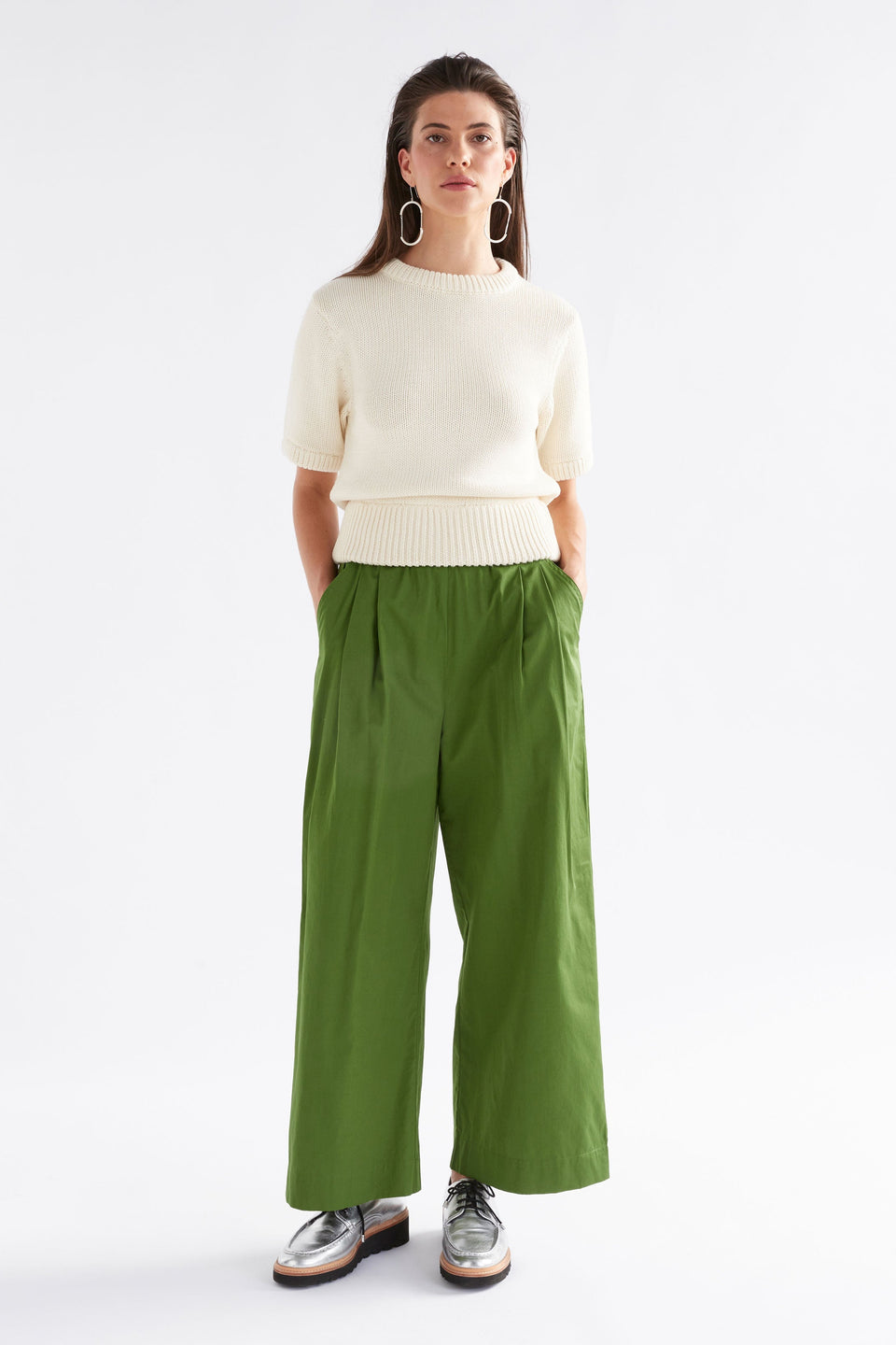 Eller Wide Leg Elastic Waist Organic Cotton Pant Model Front | GREEN MOSS