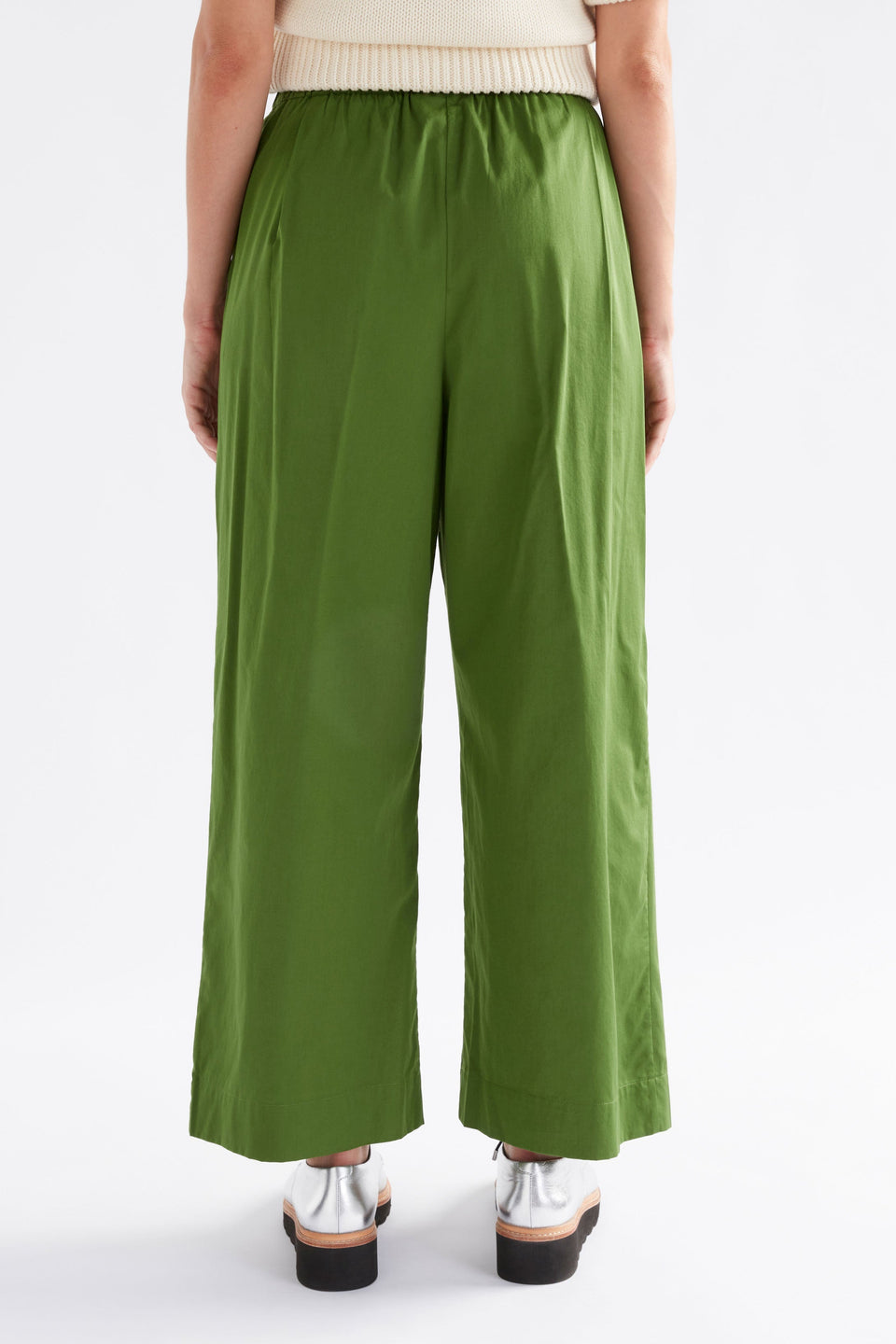 Eller Wide Leg Elastic Waist Organic Cotton Pant Model Back | GREEN MOSS