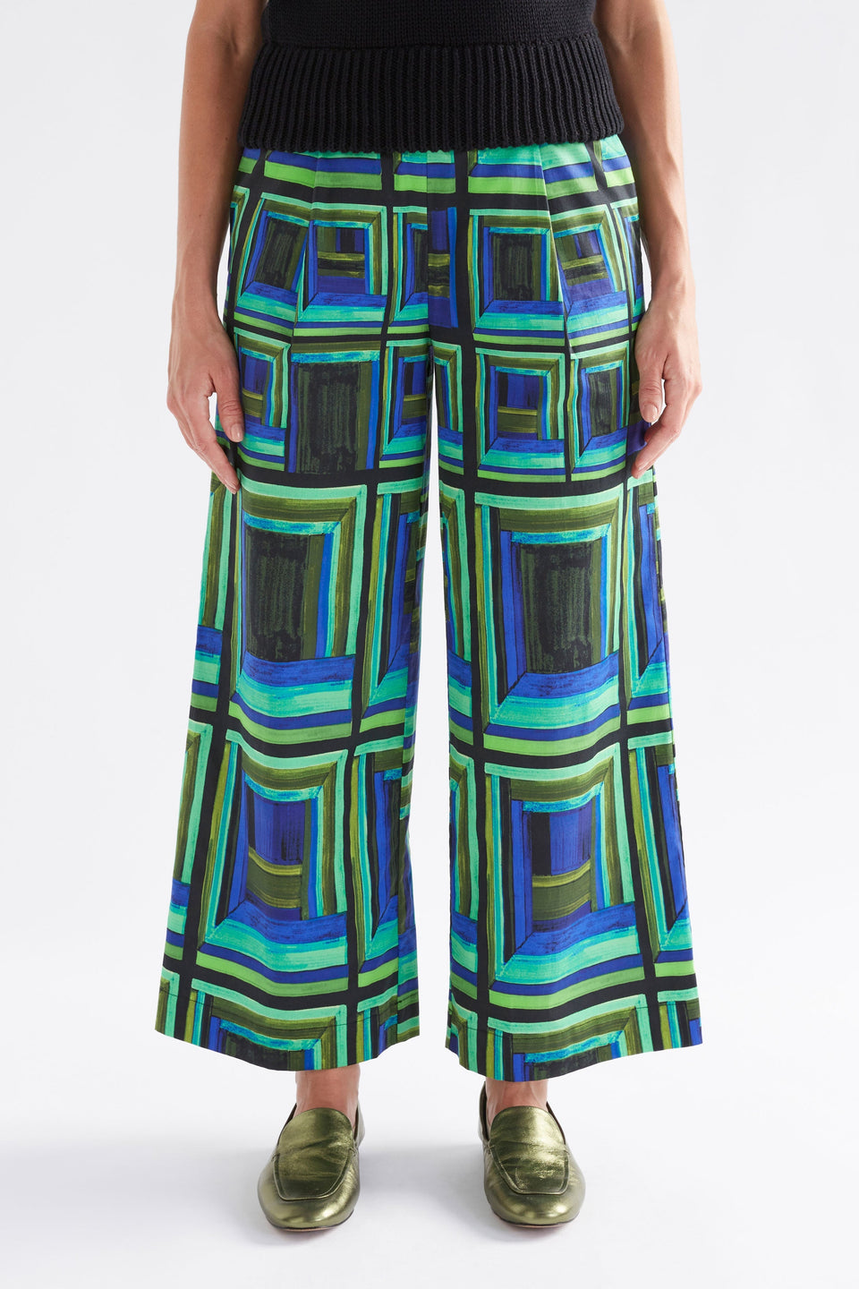 Rodan Organic Cotton Bold Print Front Pleat Wide Leg Pant Model Front crop | SALONE PRINT