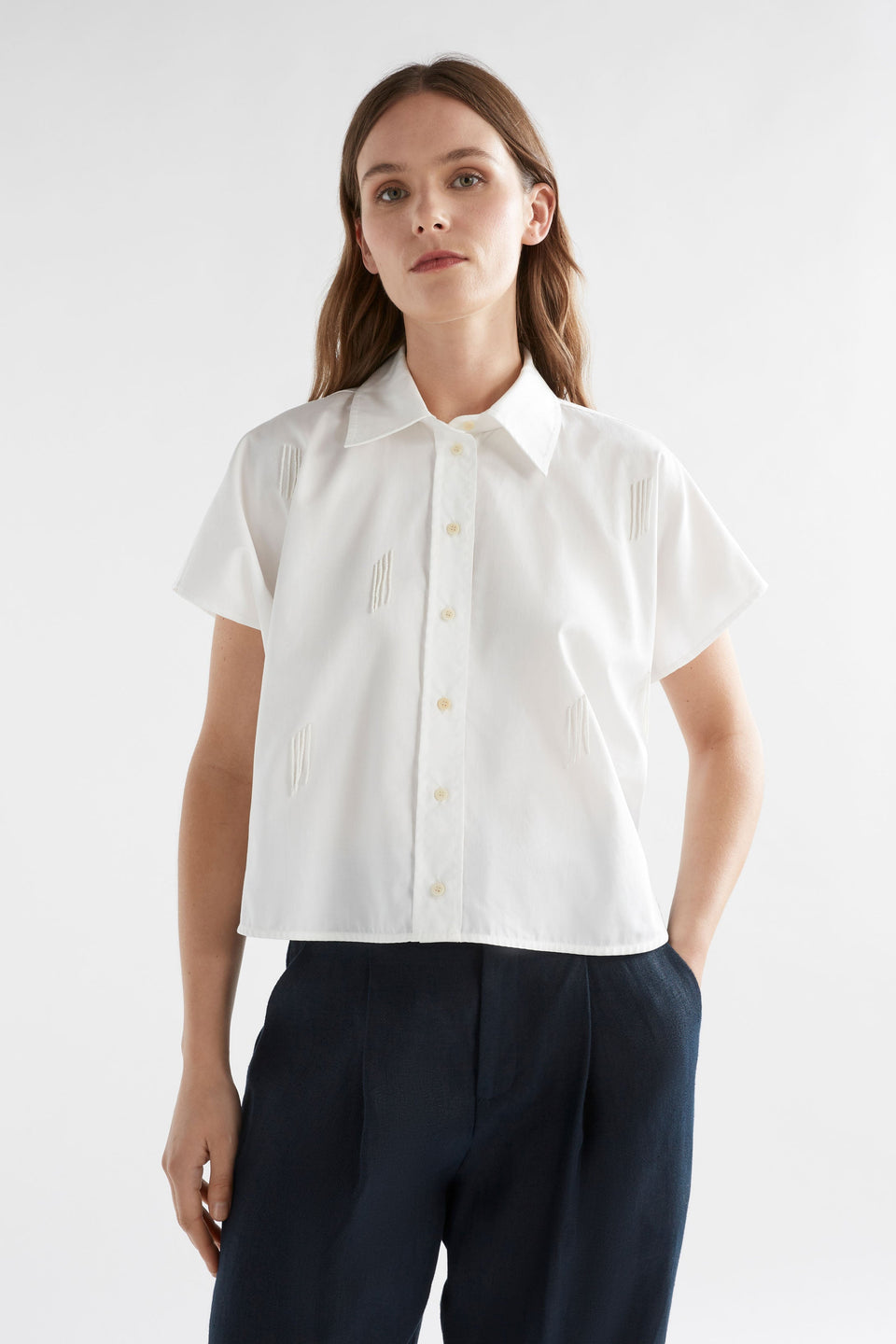 Klode Relaxed Fit Short Sleeve Crop Shirt With Subtle Bead Detail Model Front Jenna | WHITE