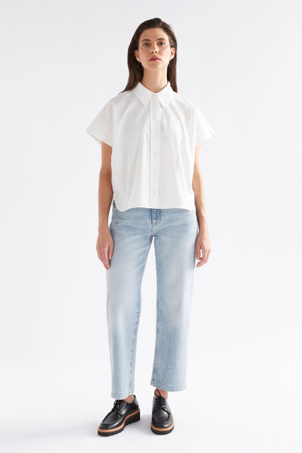 Klode Relaxed Fit Short Sleeve Crop Shirt With Subtle Bead Detail Model Front full Body | WHITE