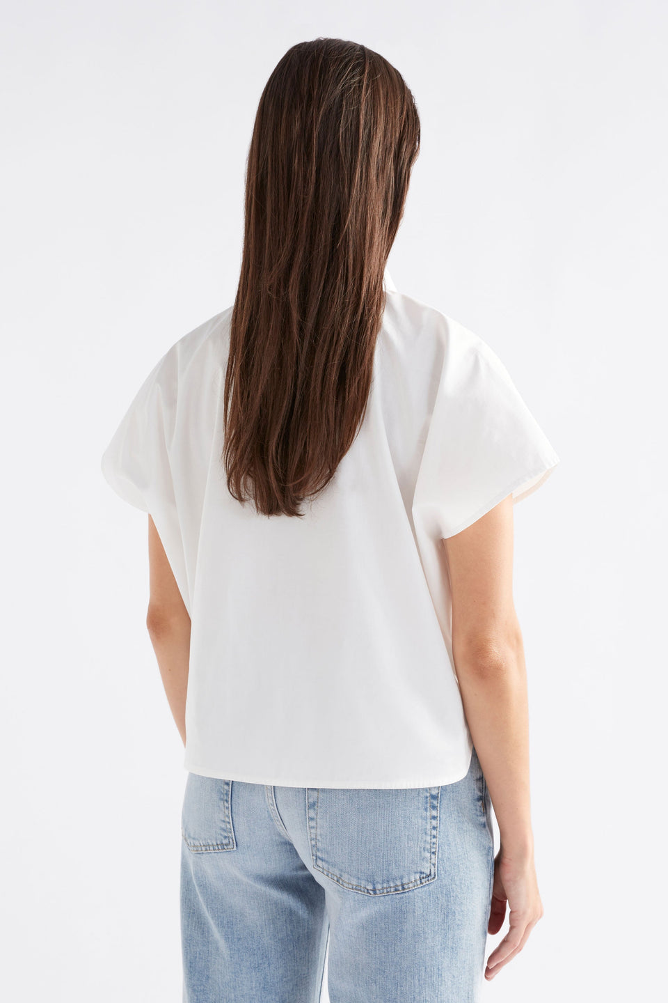 Klode Relaxed Fit Short Sleeve Crop Shirt With Subtle Bead Detail Model Back | WHITE